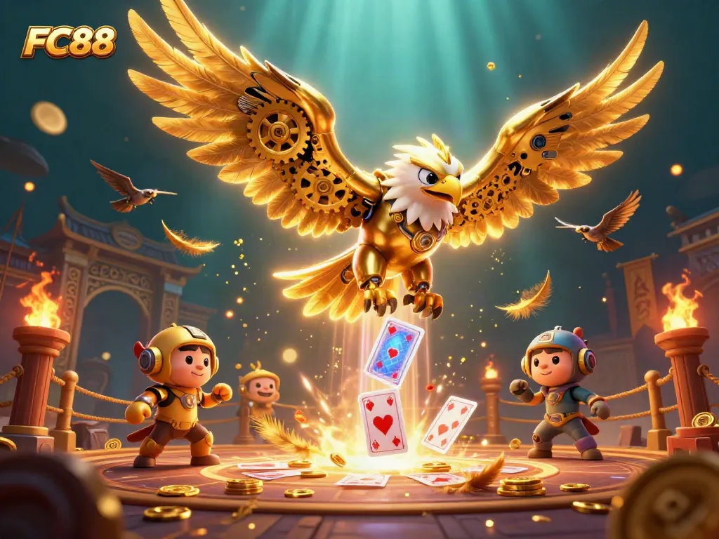 FC88 soars through holographic playing cards in an energetic casino-themed illustration.