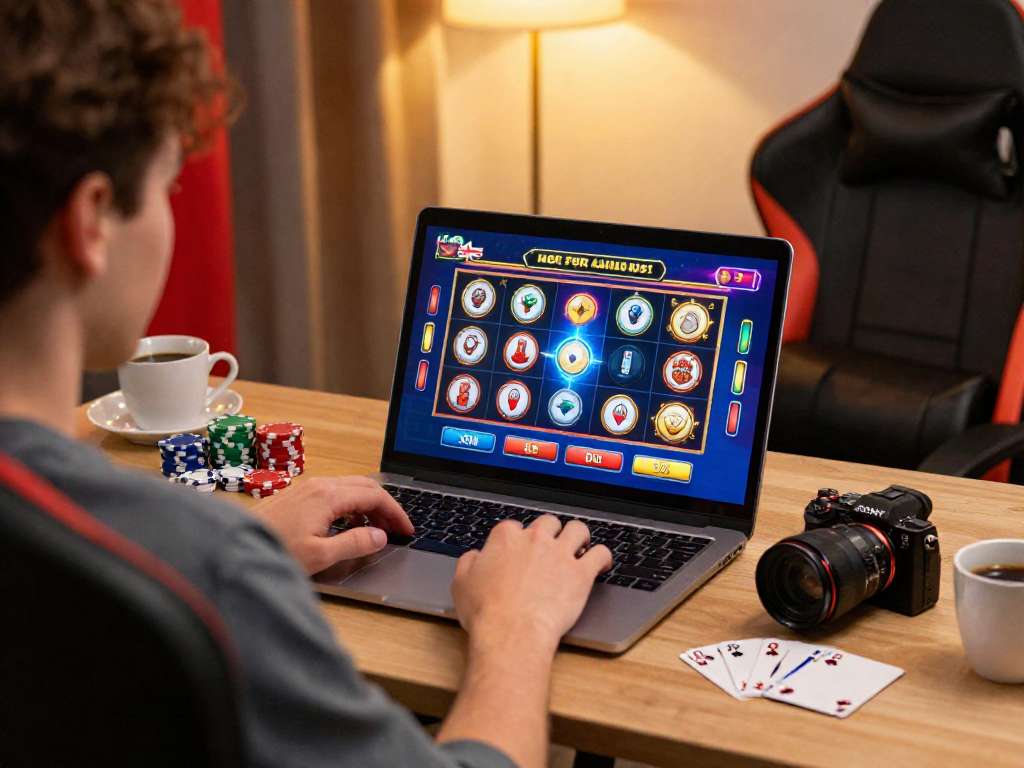 Engaging scene of a British player enjoying online gaming at https://giraffedays.com with vibrant visuals of slot games, cozy home office atmosphere, casino-themed decor, and warm lighting.