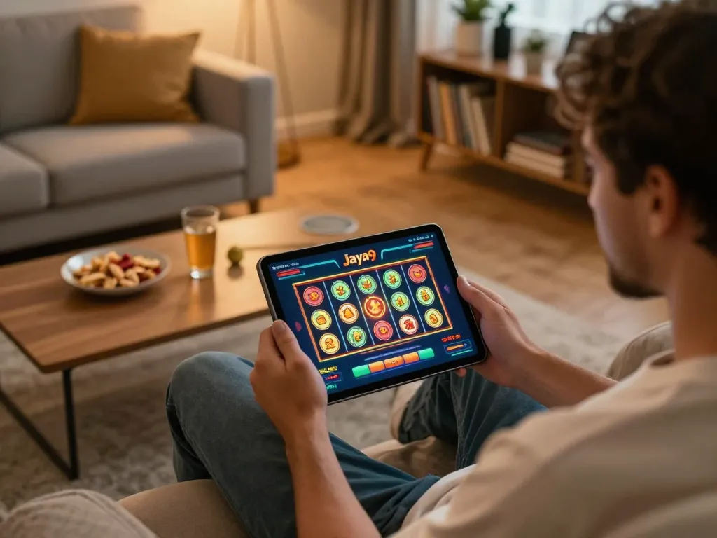 Player enjoying a dynamic gaming experience on the Jaya9 app in a cozy living room