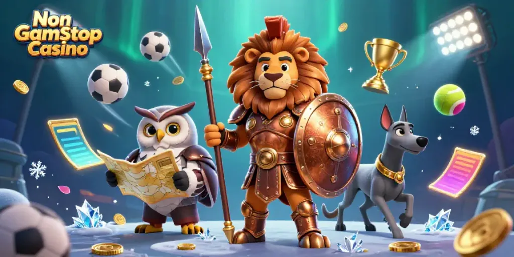Engage with Non Gamstop Casino's vibrant scenes filled with sports elements and dynamic characters.