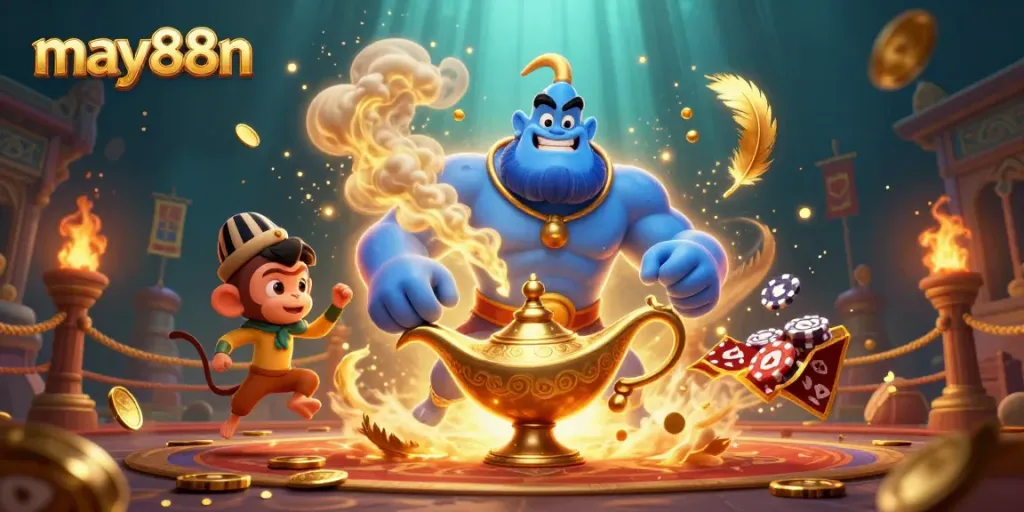 may88n showcases a dynamic scene with a muscular genie, monkey, and flying magic carpet amidst casino elements.