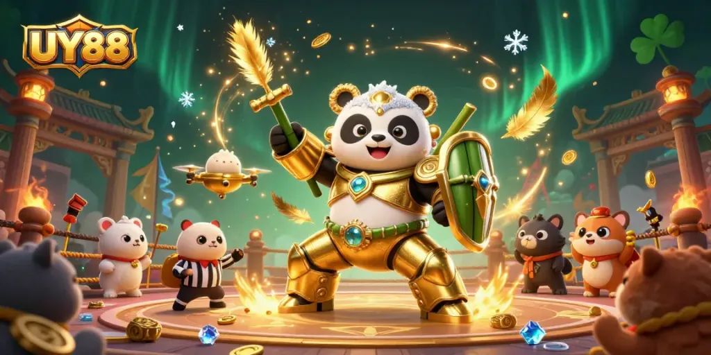 Engage with UY88’s vibrant gaming landscape featuring a mech-suit panda and immersive casino elements.
