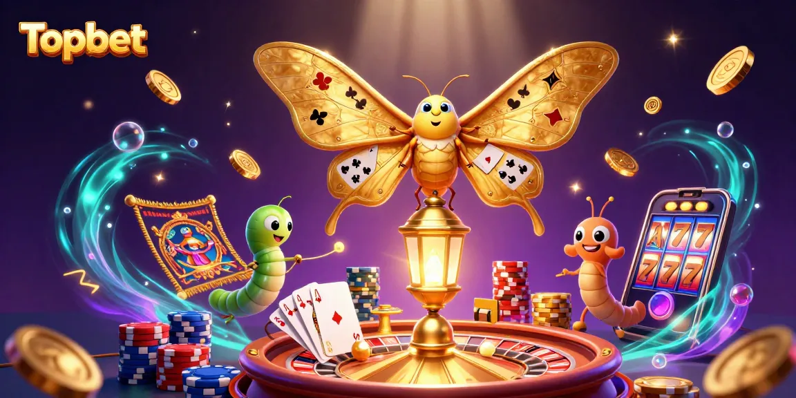 Topbet logo and captivating casino scene featuring a moth and vibrant game elements.