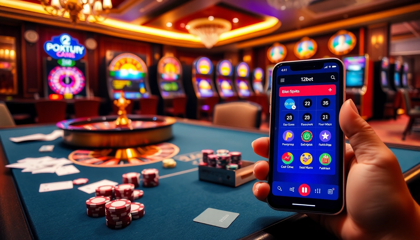 Experience thrilling gaming action at 12bet with a luxury casino scene featuring poker and roulette.
