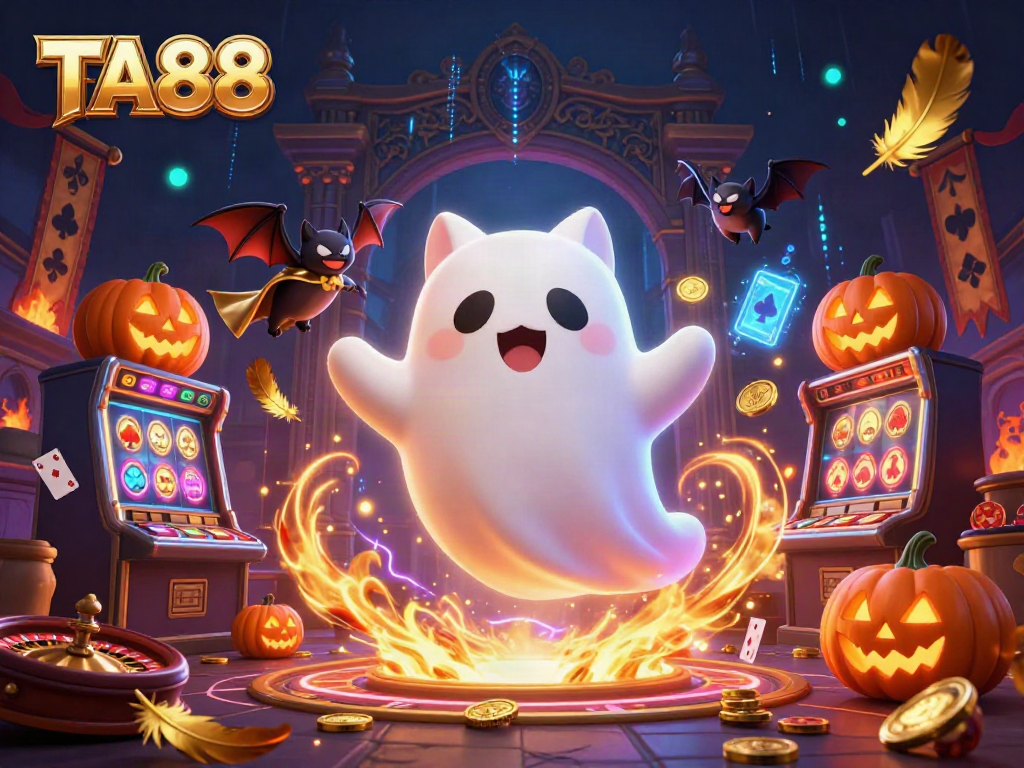 Engage with TA88 at a haunted casino, featuring a ghost cat and vampire bat amidst vibrant gaming elements.