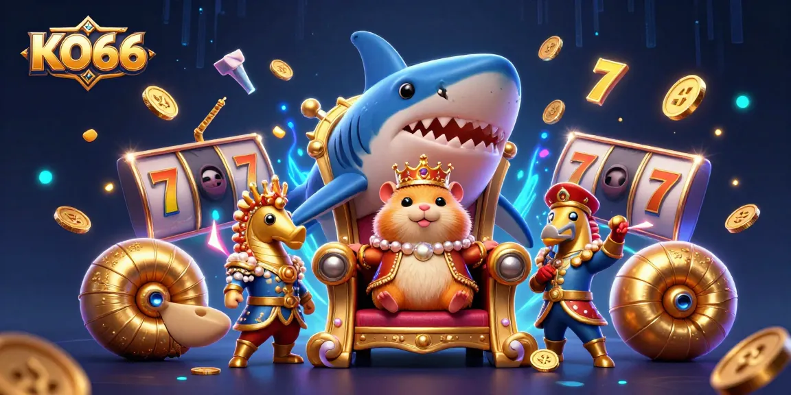 Experience thrilling games at KO66 with a golden hamster king amidst dynamic slots and vibrant elements.