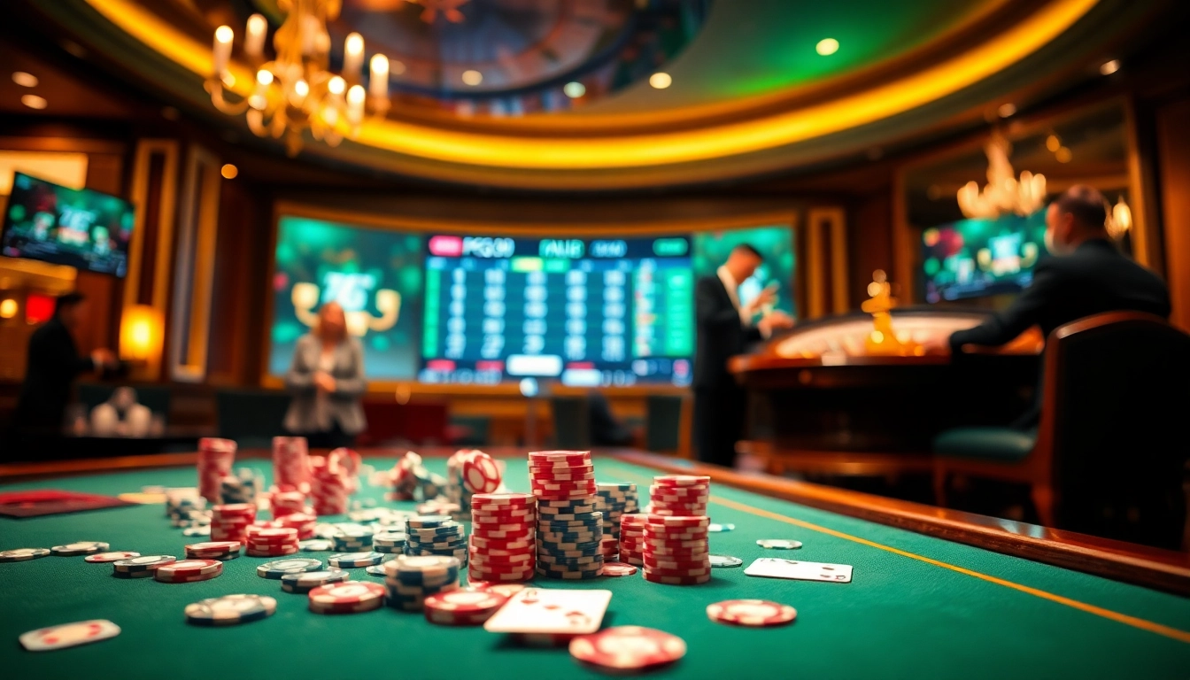 Experience the excitement of Thương hiệu PG99 in a vibrant casino setting featuring poker chips and a roulette wheel.