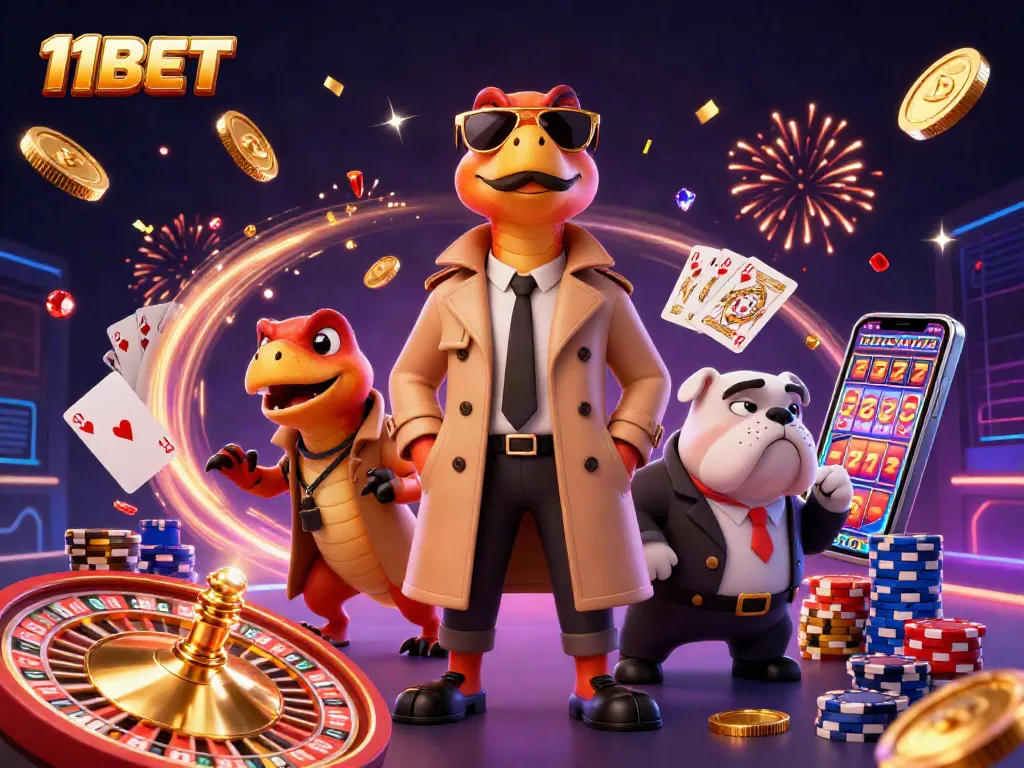 Engage with 11BET at a dynamic VIP casino scene featuring raptors in disguise surrounded by casino elements.