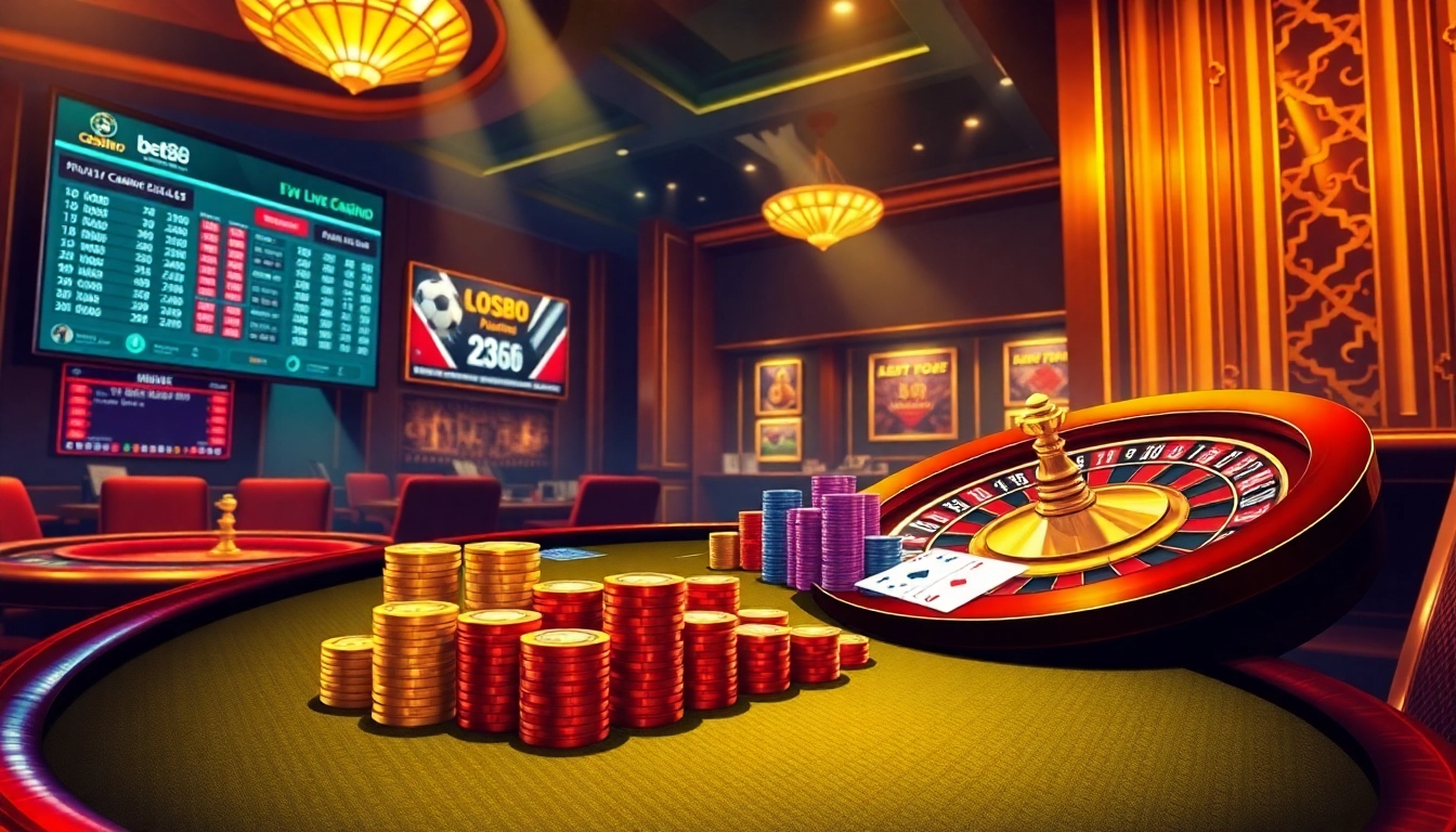 Tỷ lệ cá cược bet88 highlighted in a vibrant casino scene featuring poker and roulette tables.