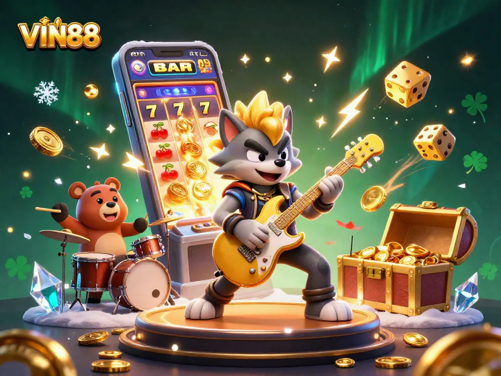 Experience thrilling excitement with VIN88's jackpot-filled casino scene of vibrant characters and elements.