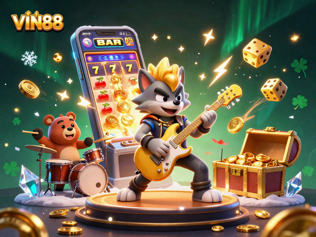 Experience thrilling excitement with VIN88's jackpot-filled casino scene of vibrant characters and elements.