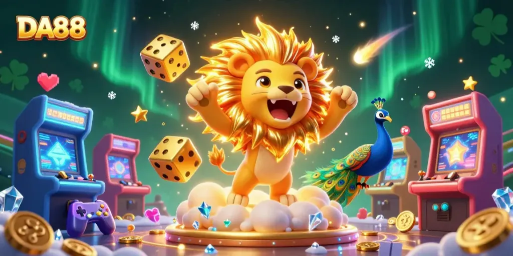 Experience DA88's vibrant online casino with cartoon characters amidst colorful games and dynamic visuals.
