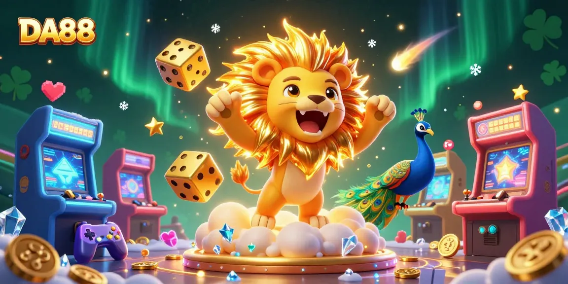 Experience DA88's vibrant online casino with cartoon characters amidst colorful games and dynamic visuals.