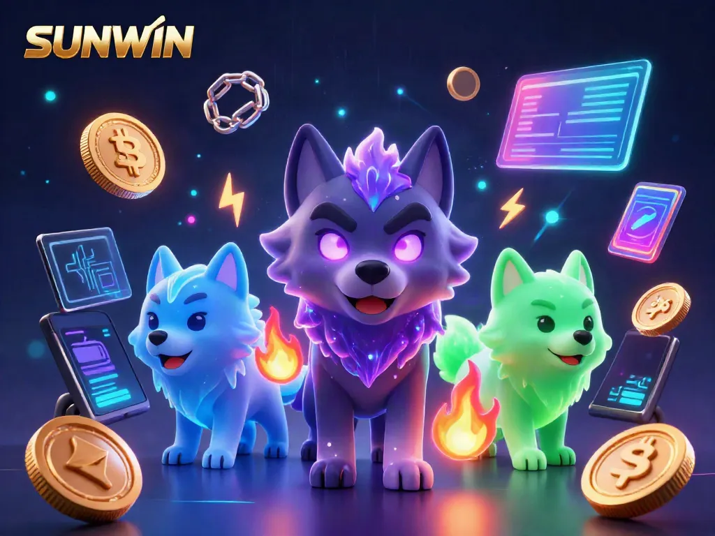 Experience the thrill of SUNWIN with a dynamic 3D illustration of gambling elements and spectral wolves.