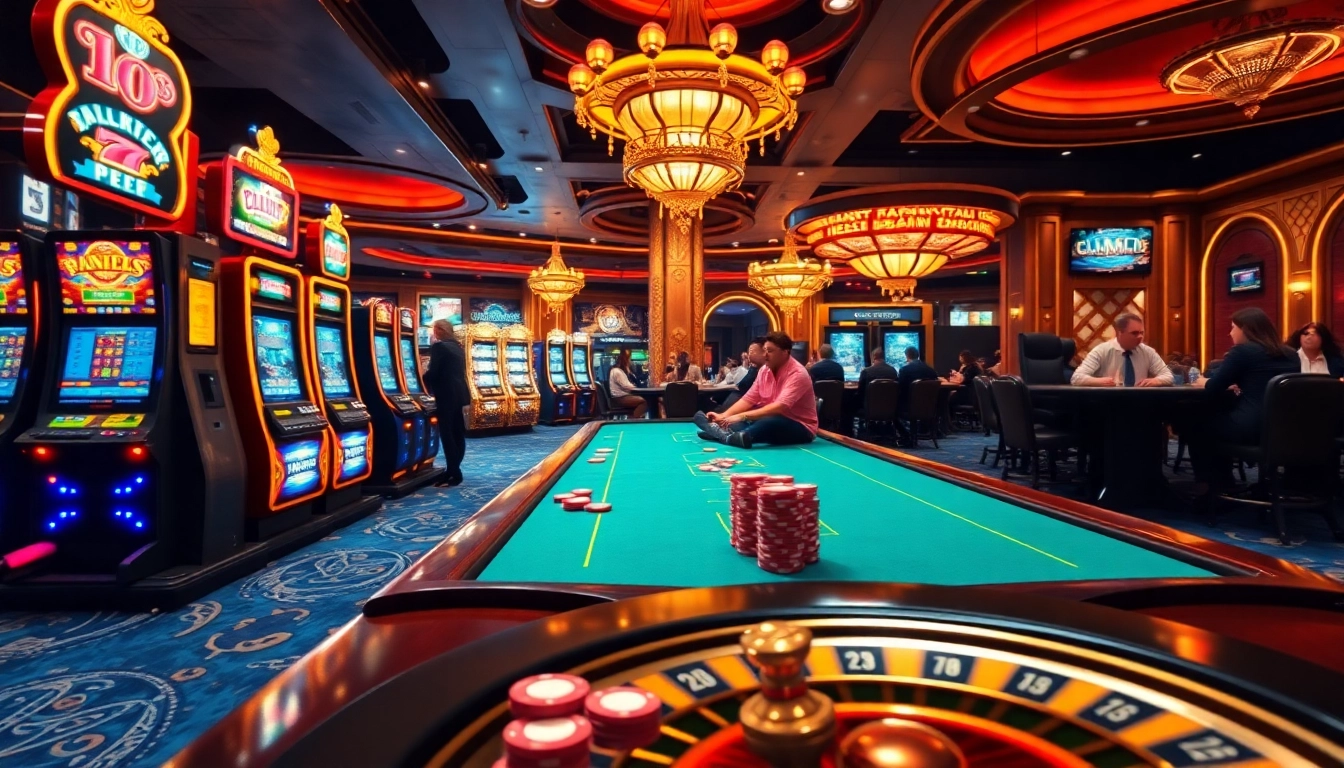 Experience the excitement of PS99 in a luxurious casino with vibrant slot machines and active tables.