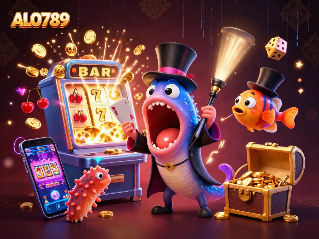 Win big at ALO789 with vibrant scenes of surreal casino elements and exciting characters in a magical setting.
