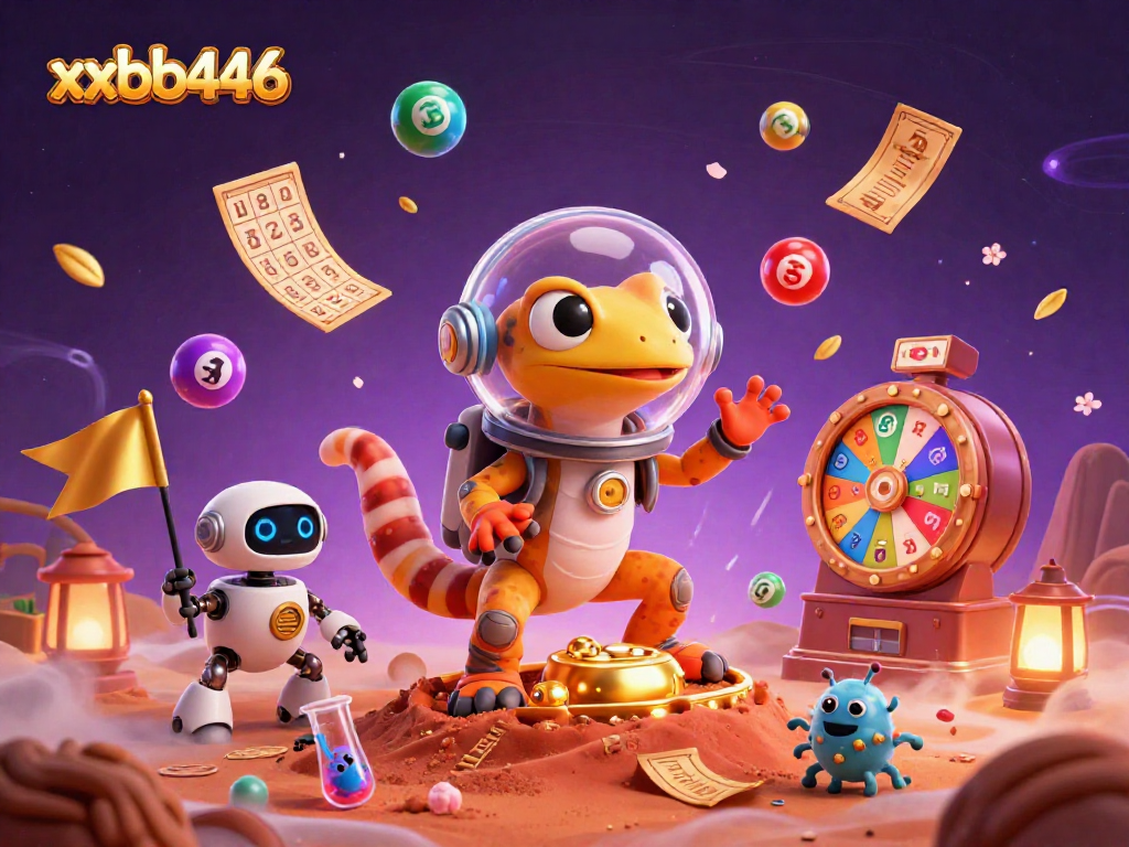 Win big at xxbb446 with a 3D Martian gecko exploring a golden casino in a vibrant, dynamic scene.