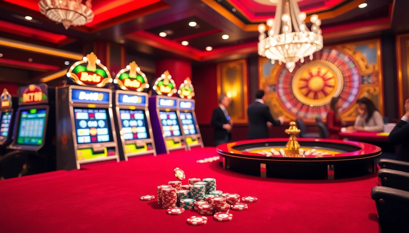 Bet88 enthusiasts enjoy a thrilling casino experience at a vibrant gaming table.