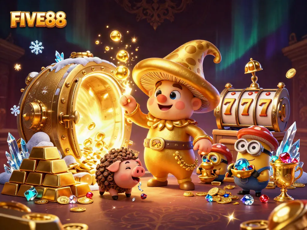 Experience the magic of FIVE88 with a golden mushroom wizard and treasures in an energetic casino scene.