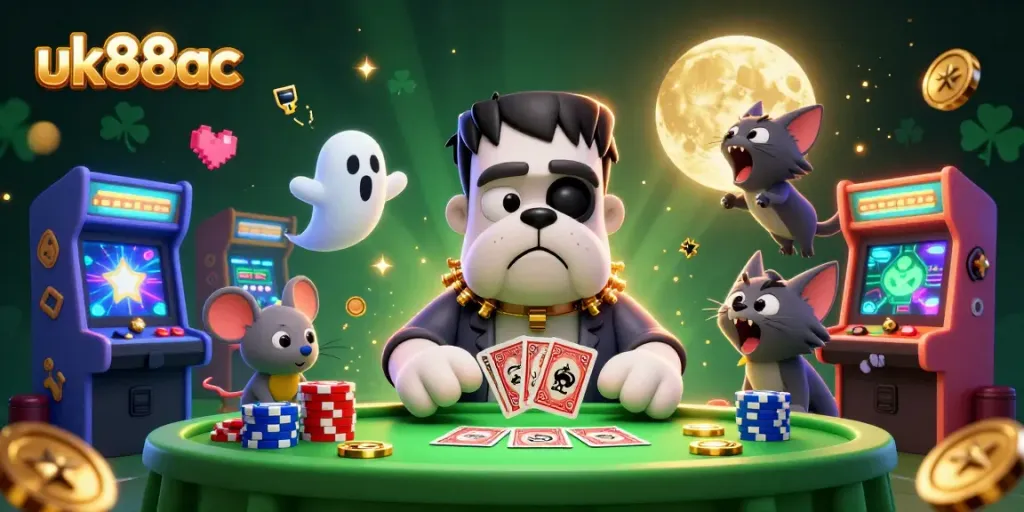 Engage with thrilling gaming action at uk88ac with a vibrant casino scene featuring a unique 3D bulldog dealer.