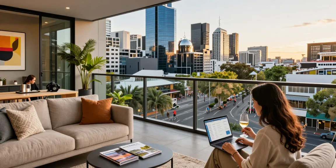 airbnb management melbourne showcasing a stylish apartment with city views and a couple reviewing bookings in Melbourne.