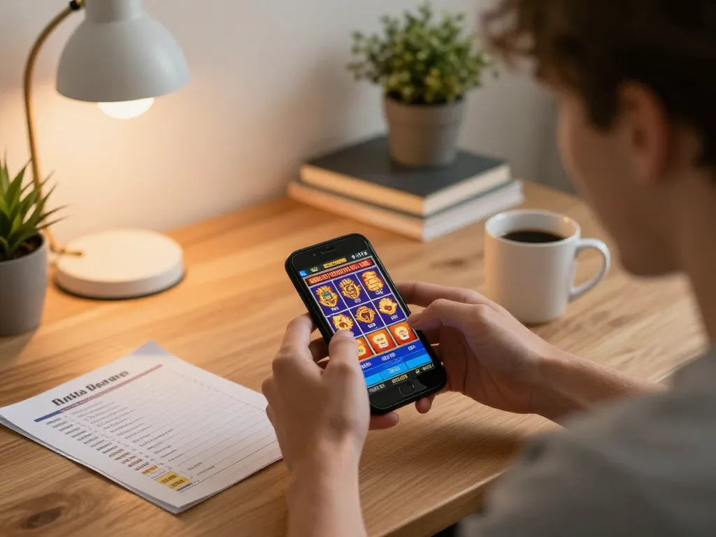 Luck8 player engages in thrilling mobile slot gameplay at home, showcasing modern gaming setup.