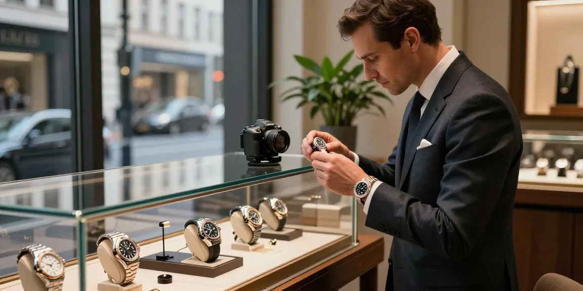 Elegant scene of a watch enthusiast exploring super clone watches in a luxurious boutique.