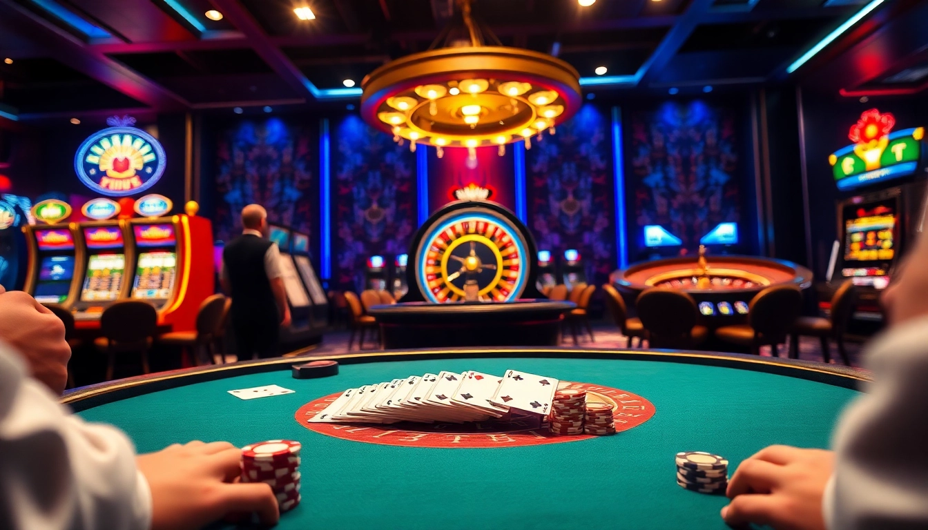High-stakes gamblers enjoying the excitement of casino games at https://king882026.com/ with vibrant slot machines and a roulette wheel.