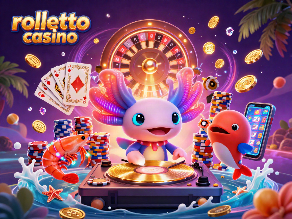 Experience rolletto casino's vibrant atmosphere with a neon-colored DJ and dynamic casino elements.
