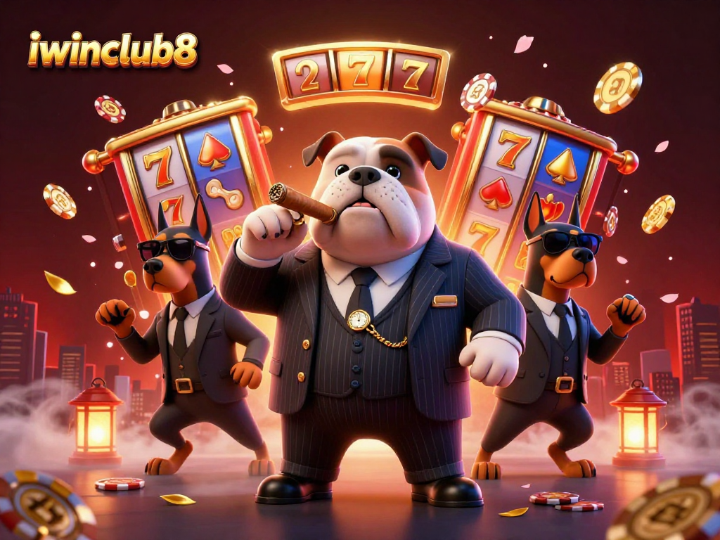 Experience thrilling gameplay at iwinclub8 with a mafia boss bulldog overseeing dynamic casino elements.