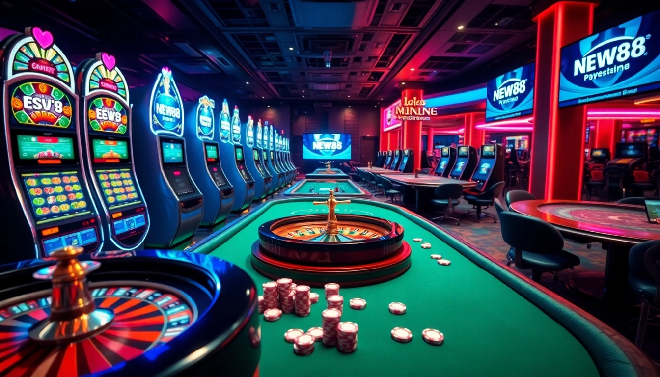 Experience the thrill of NEW88 đăng nhập at a luxury casino scene with vibrant slot machines and poker tables.