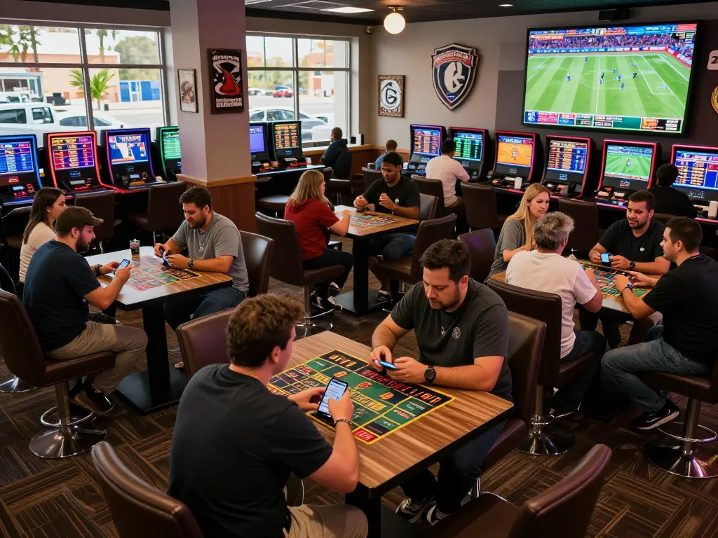 Engaged bettors strategizing in a lively sports betting lounge while exploring blog cá cược options and odds analysis.