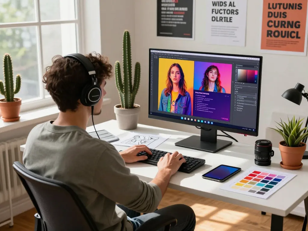 Designer using an image to prompt generator at a creative workspace with vibrant digital art.
