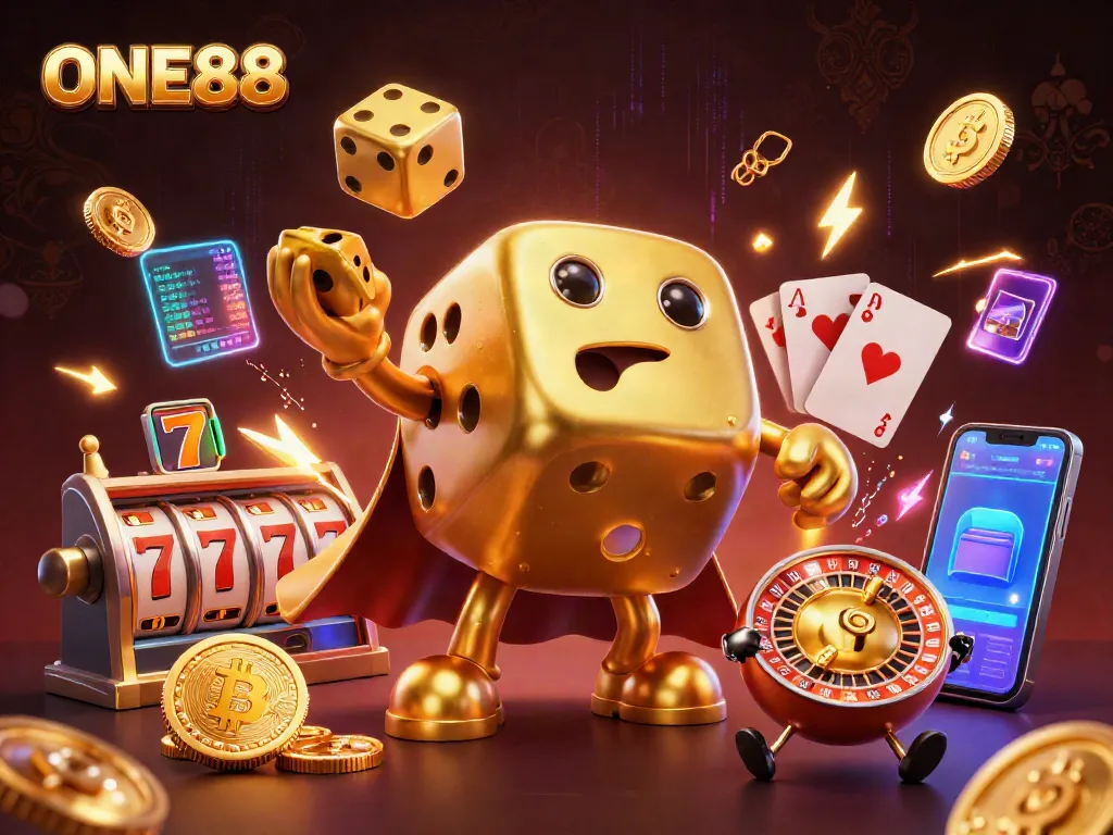 Engage with ONE88's thrilling casino experience featuring dynamic dice and lucky symbols in 3D