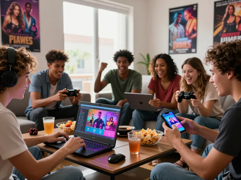 Group of friends playing a sex simulator game on multiple devices, capturing a fun and engaging atmosphere.