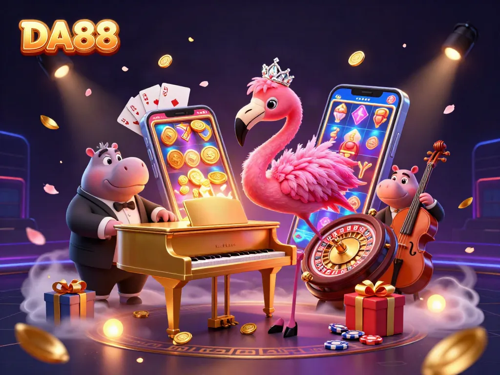 Experience vibrant gameplay at DA88 with a lively casino scene featuring a flamingo singer and hippo bassist.