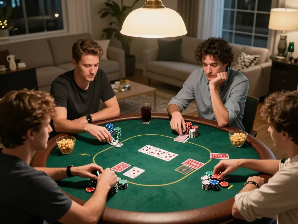 Home poker night scene with friends excitedly playing Texas Hold'em, showcasing a fun gambling experience with 8XBET.