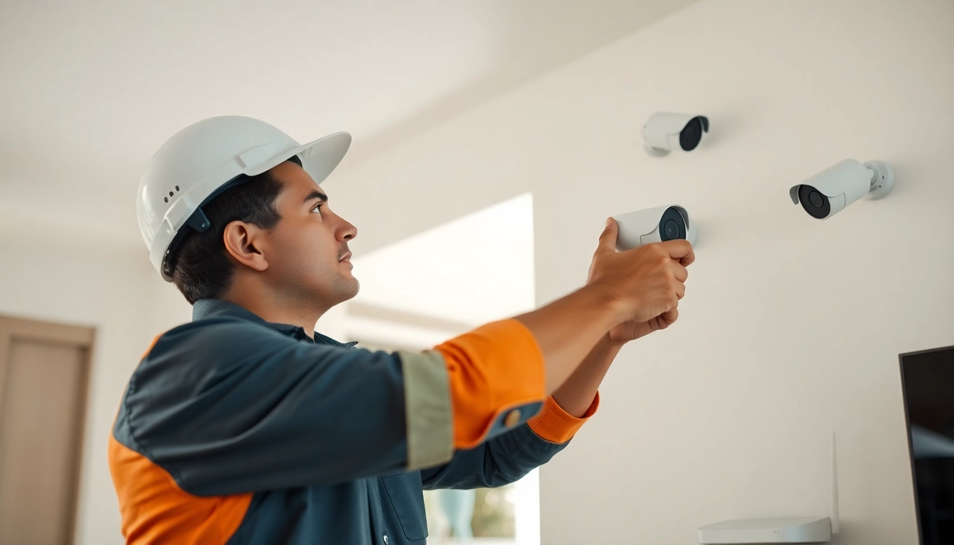 Soporte técnico en cámaras de seguridad con un técnico profesional instalando cámaras de alta tecnología en un hogar moderno.