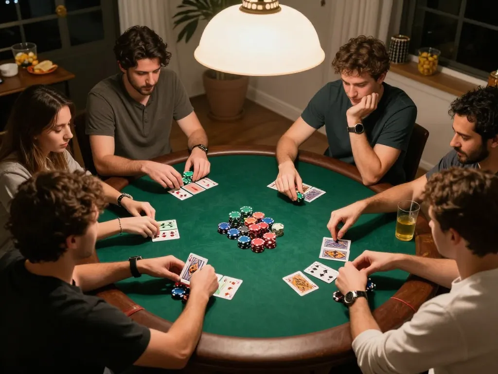 Friends enjoying poker night while mastering strategies at Soc88 with chips on the table.