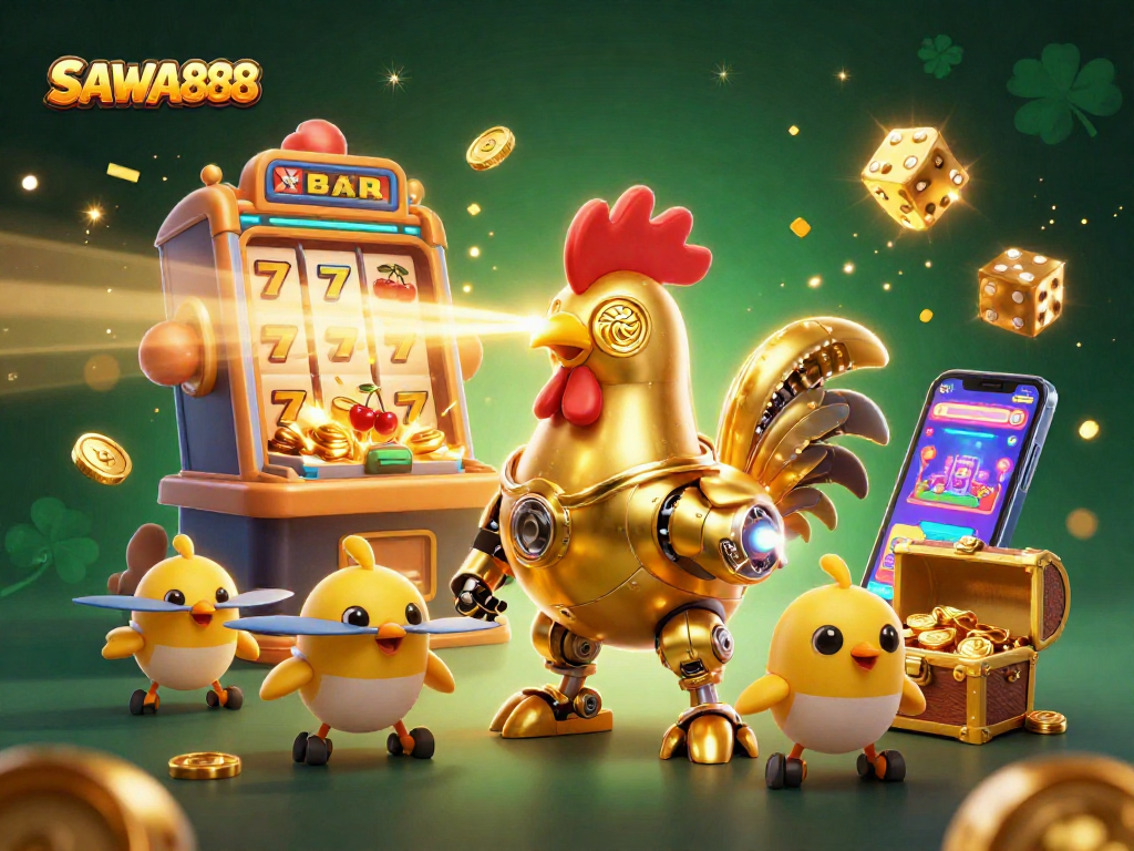 SAWA888 showcases a vibrant scene with a golden rooster robot amidst a jackpot explosion in a casino