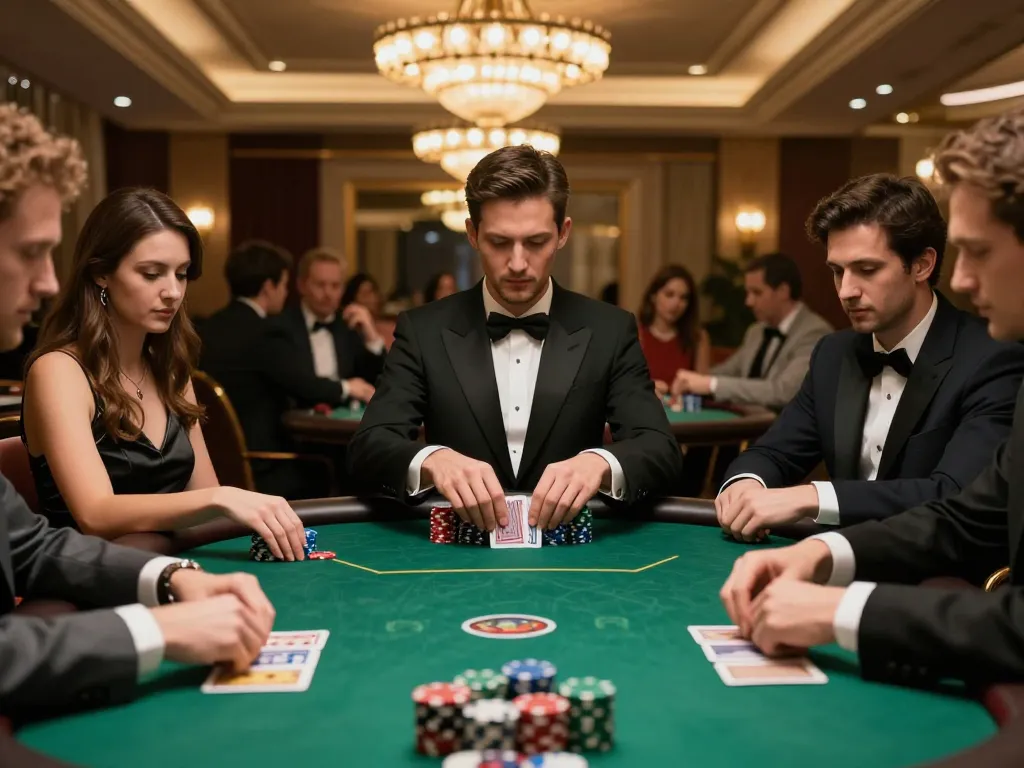 A thrilling poker moment showcasing S8 gameplay at a luxury casino, players focused at the table