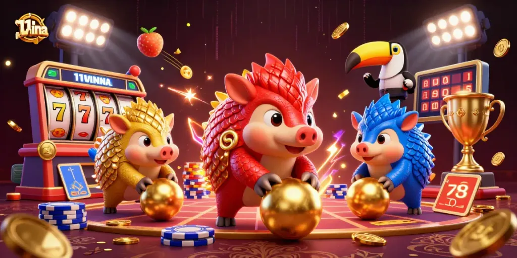 Engage with 11winna in a vibrant 3D scene of rival pangolins celebrating casino games amidst dynamic betting elements.