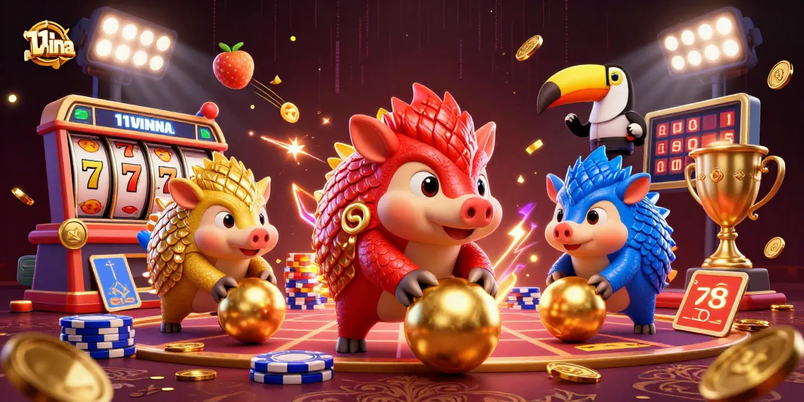 Engage with 11winna in a vibrant 3D scene of rival pangolins celebrating casino games amidst dynamic betting elements.