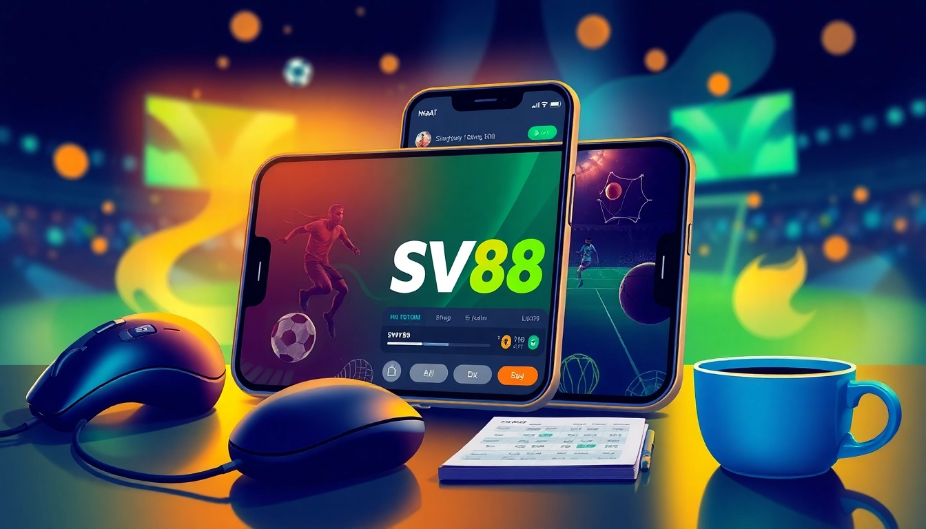 Engaging betting scene illustrating Nhà Cái SV88’s modern online platform with vibrant sports graphics.