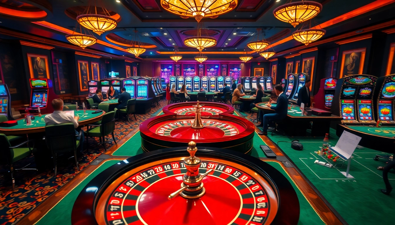 Nhà cái uy tín featured prominently at a vibrant casino, showcasing poker and roulette action.
