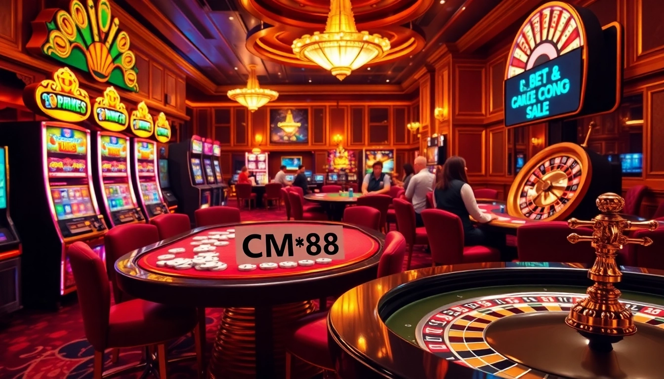 Experience the excitement of CM88 as players enjoy glamorous casino games with vibrant slot machines and poker tables.