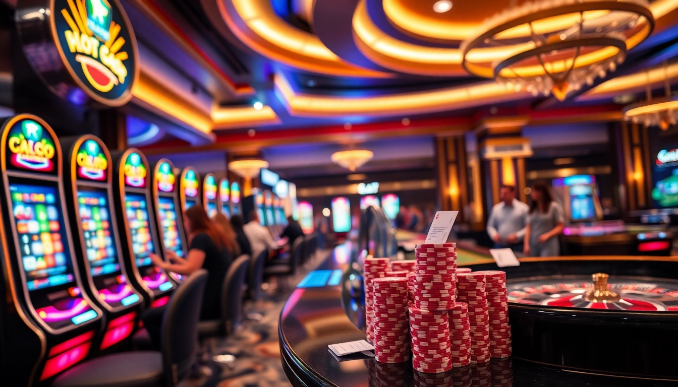 Players cheering at Slot Gacor machines, vibrant casino atmosphere filled with excitement.