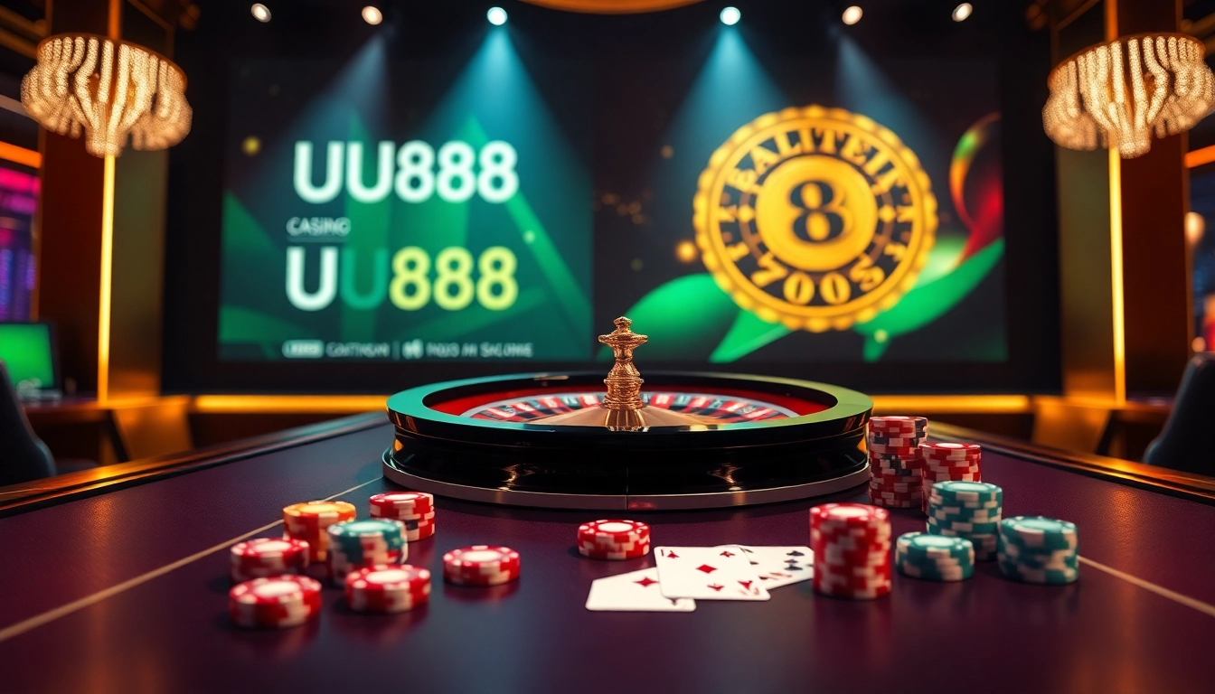 Experience the thrill of UU88 with lively casino elements like roulette wheels and poker chips.