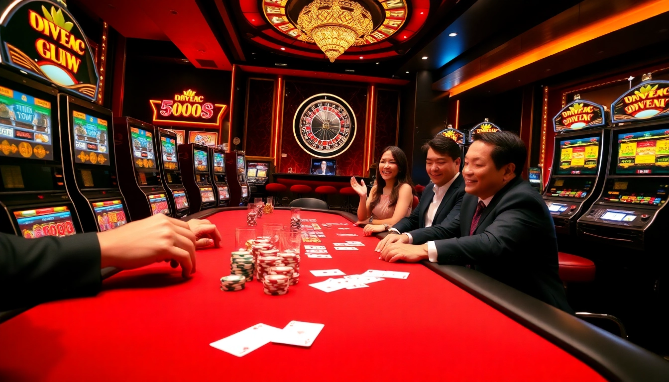 Players enjoying a thrilling game of poker at 789club, surrounded by vibrant casino elements.