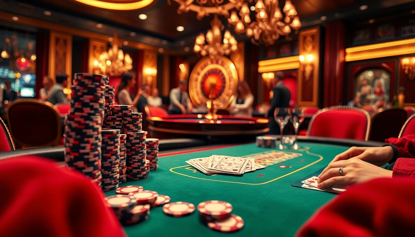 RR88 poker table scene with vibrant poker chips and cards in a luxurious setting.